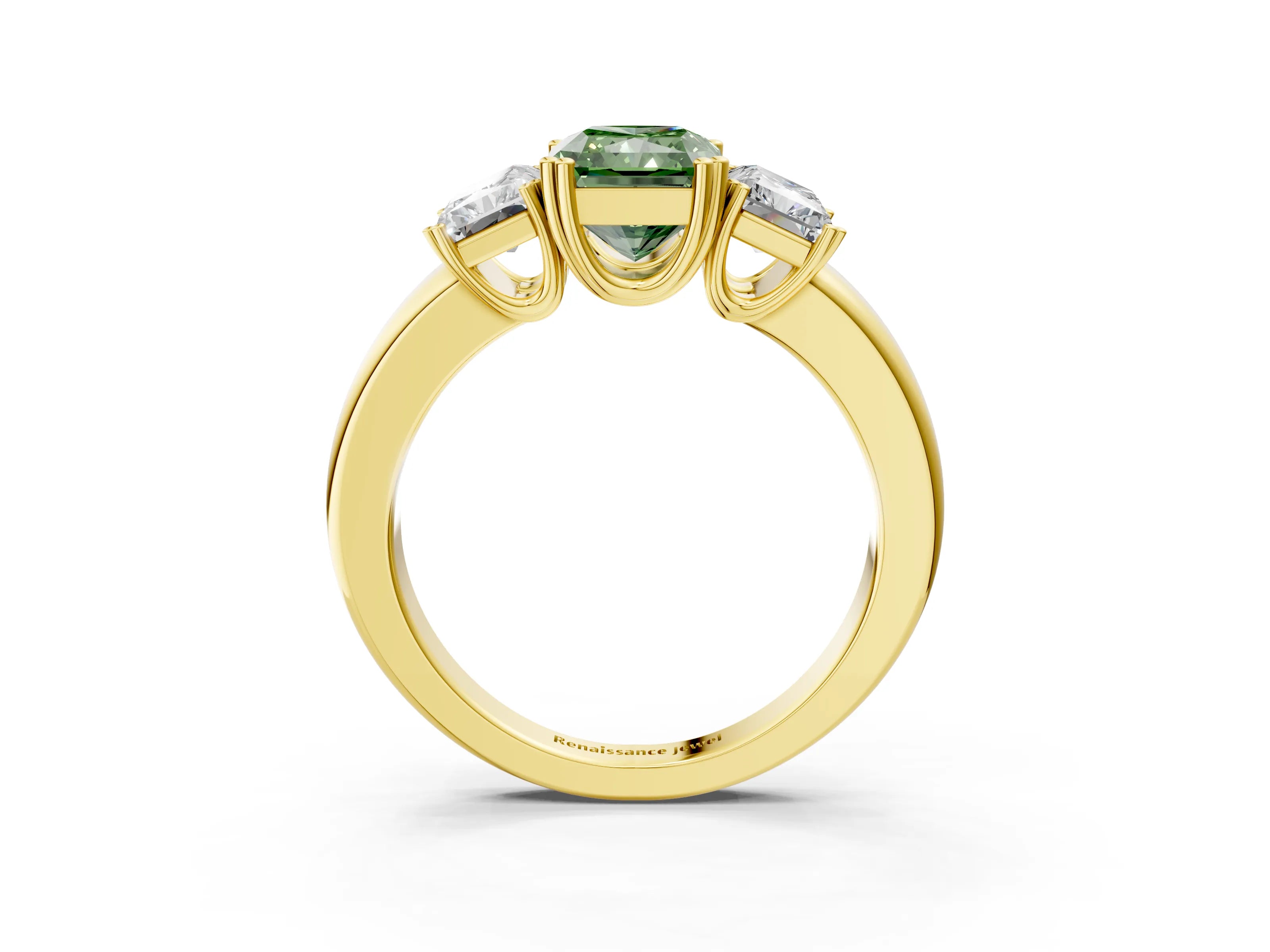 Yellow gold Three-Stone Fancy Green Radiant Cut Cut Diamond Ring with Channel Set Band and Four-Prong Setting_3