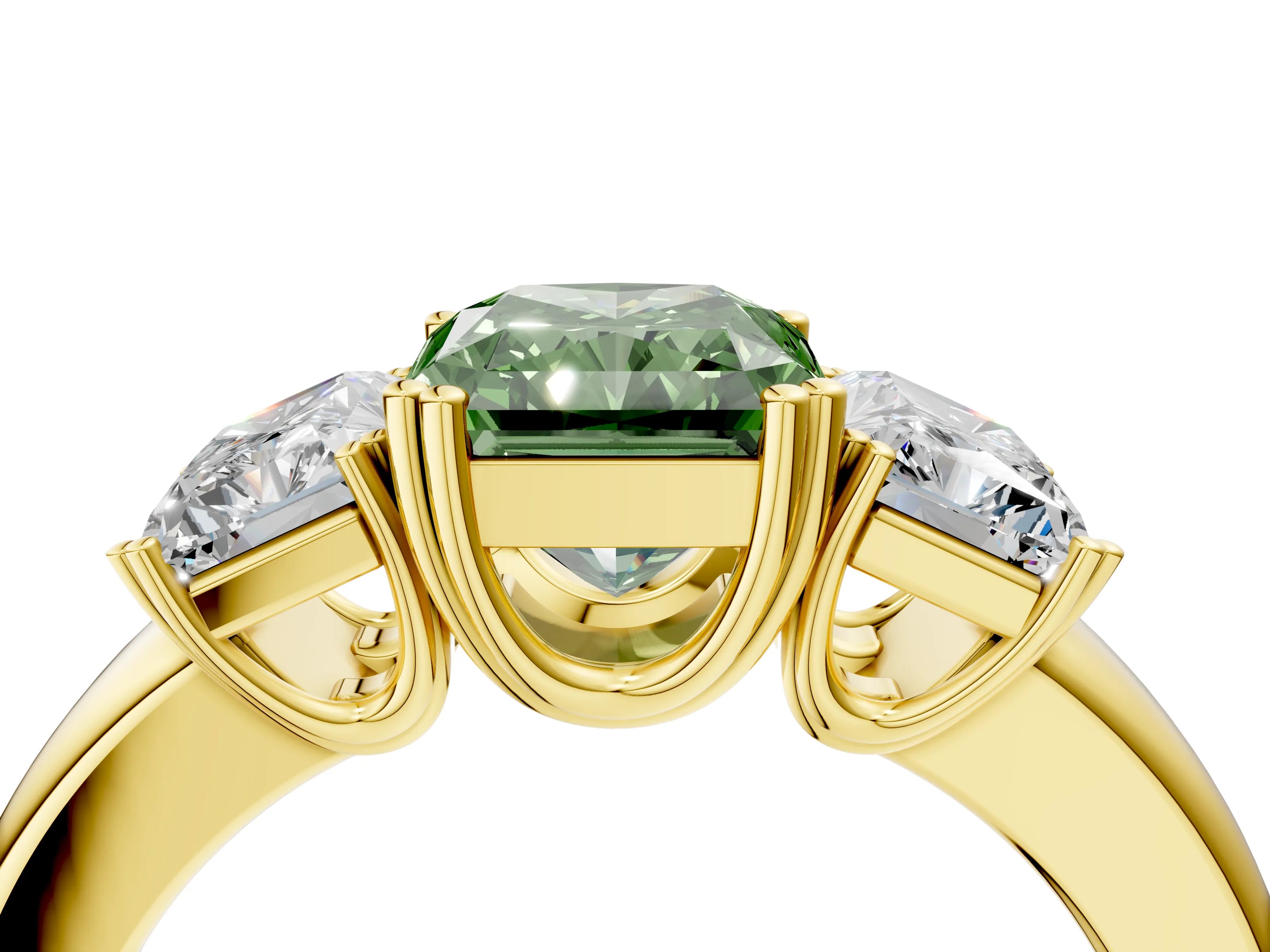 Yellow gold Three-Stone Fancy Green Radiant Cut Cut Diamond Ring with Channel Set Band and Four-Prong Setting_4