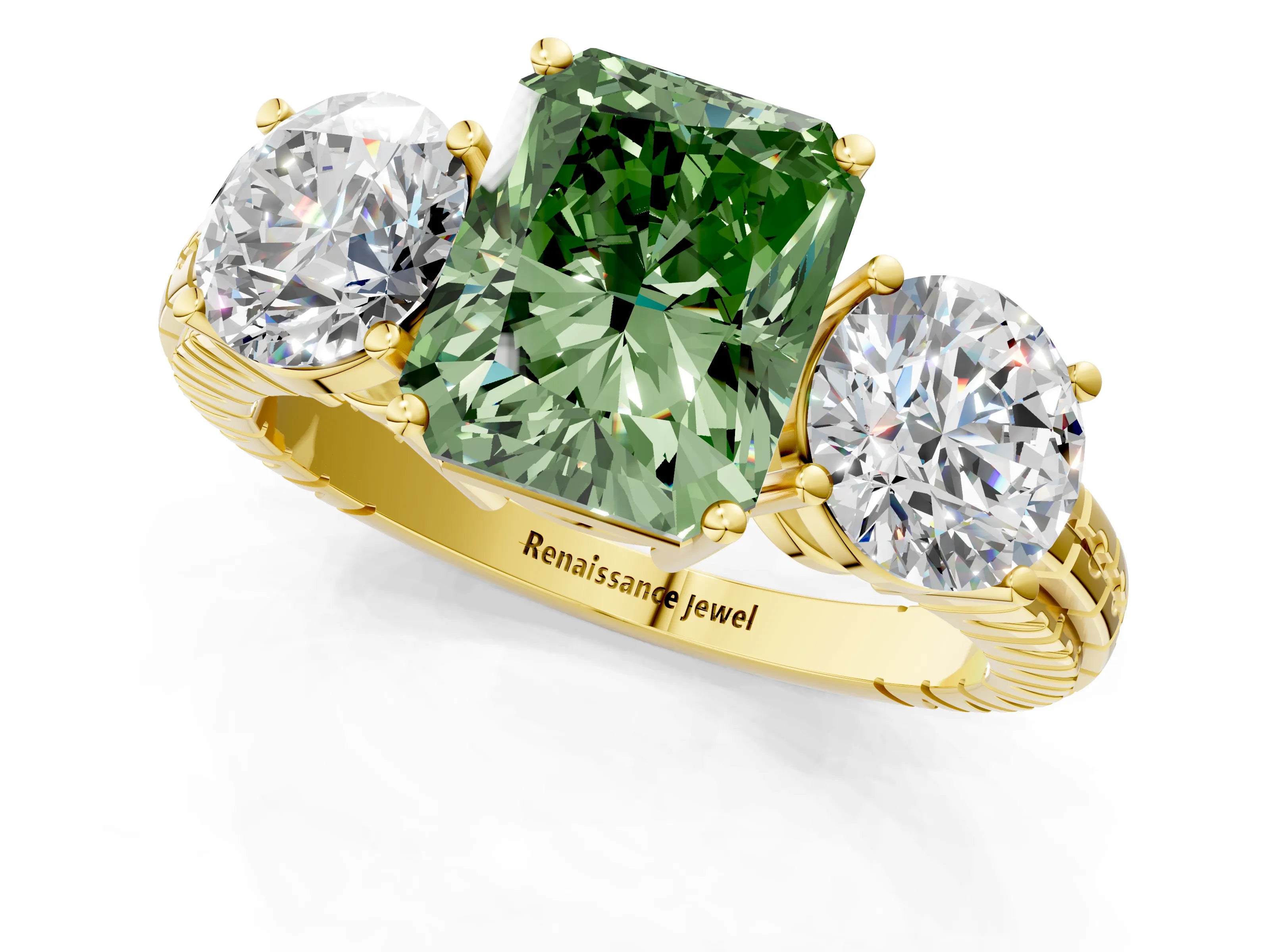 Yellow gold Three-Stone Fancy Green Radiant Cut Cut Diamond Ring with Channel-Set Band and Prong Setting_1