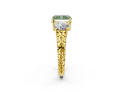 Yellow gold Three-Stone Fancy Green Radiant Cut Cut Diamond Ring with Channel-Set Band and Prong Setting_2