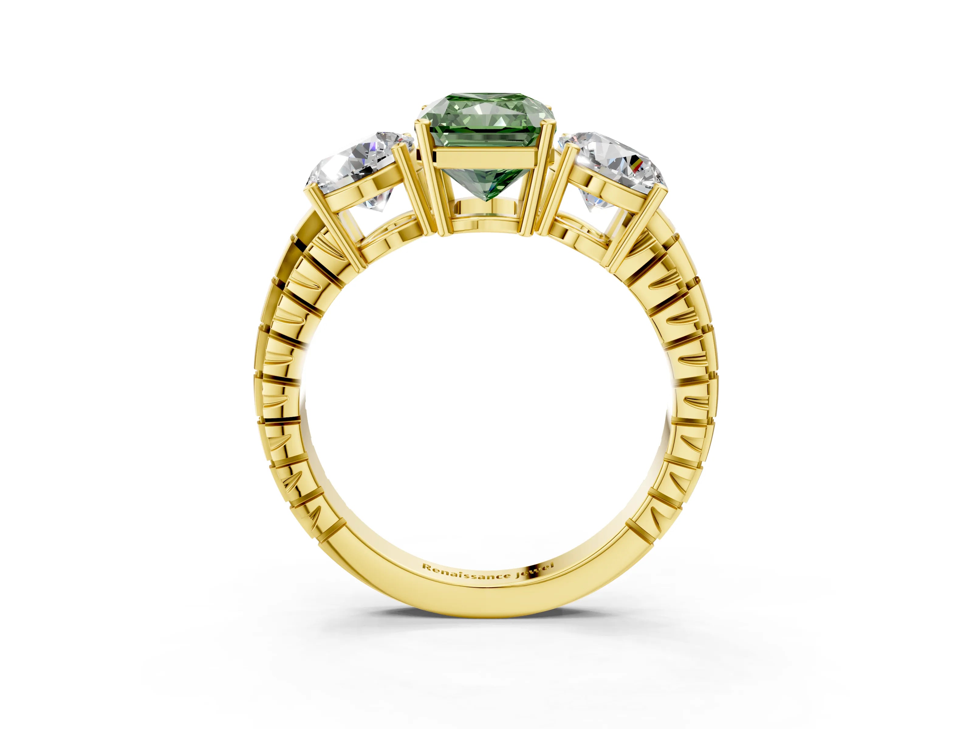 Yellow gold Three-Stone Fancy Green Radiant Cut Cut Diamond Ring with Channel-Set Band and Prong Setting_3