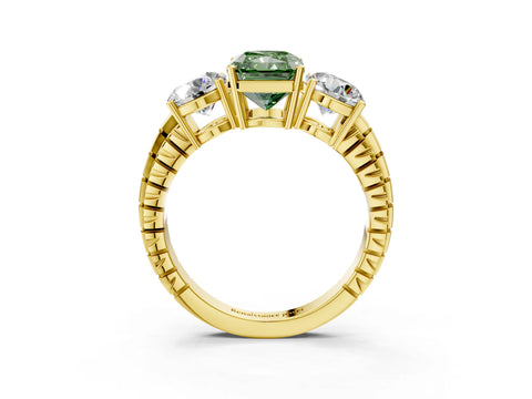Yellow gold Three-Stone Fancy Green Radiant Cut Cut Diamond Ring with Channel-Set Band and Prong Setting_3