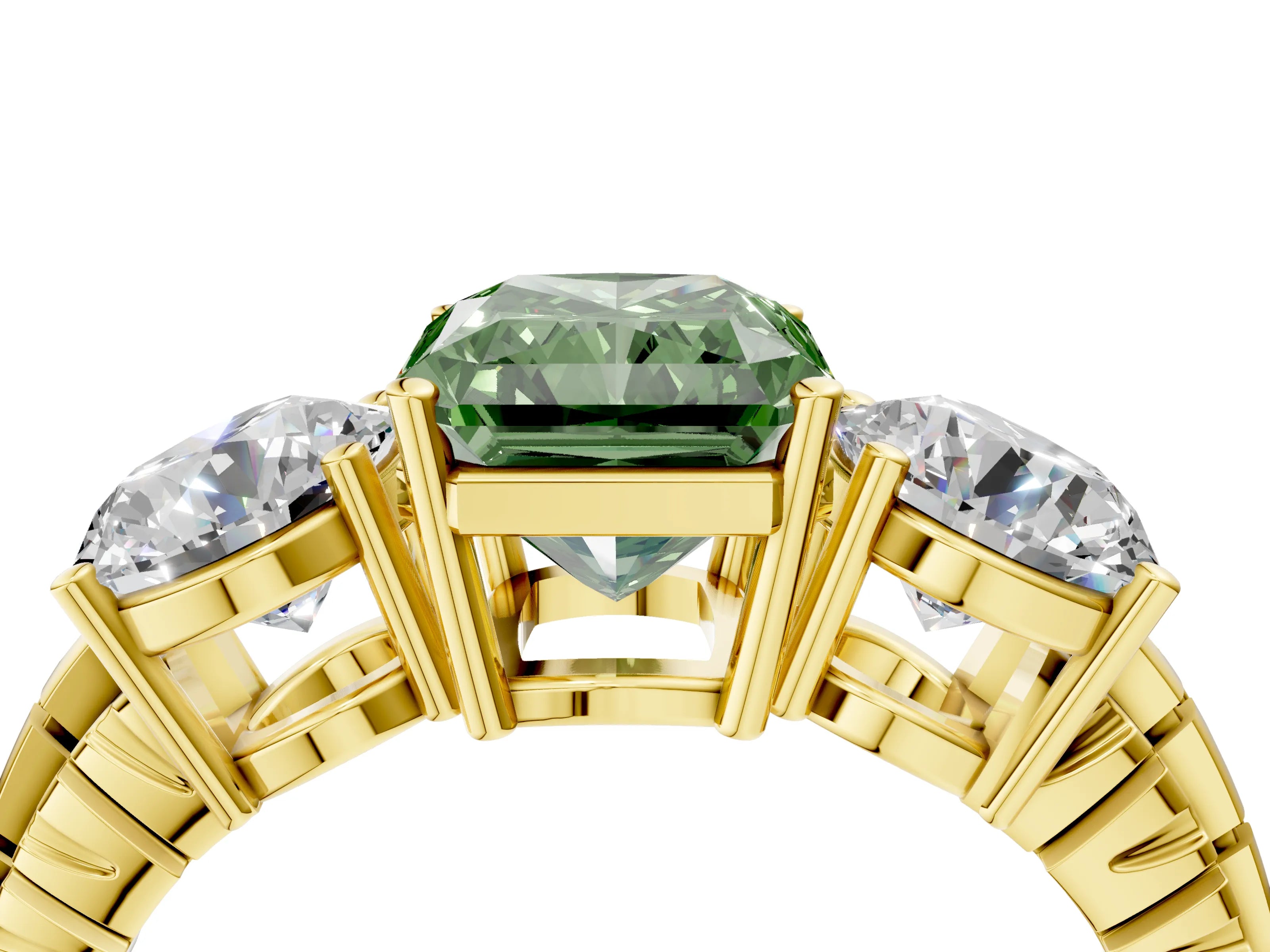 Yellow gold Three-Stone Fancy Green Radiant Cut Cut Diamond Ring with Channel-Set Band and Prong Setting_4