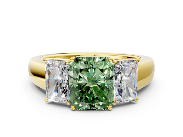 Yellow gold Three-Stone Fancy Green Radiant Cut Cut Diamond Ring with Prong Setting and Classic Band