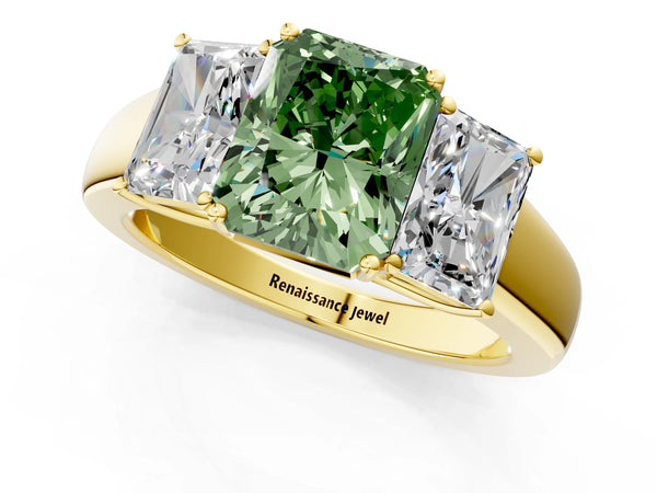 Yellow gold Three-Stone Fancy Green Radiant Cut Cut Diamond Ring with Prong Setting and Classic Band