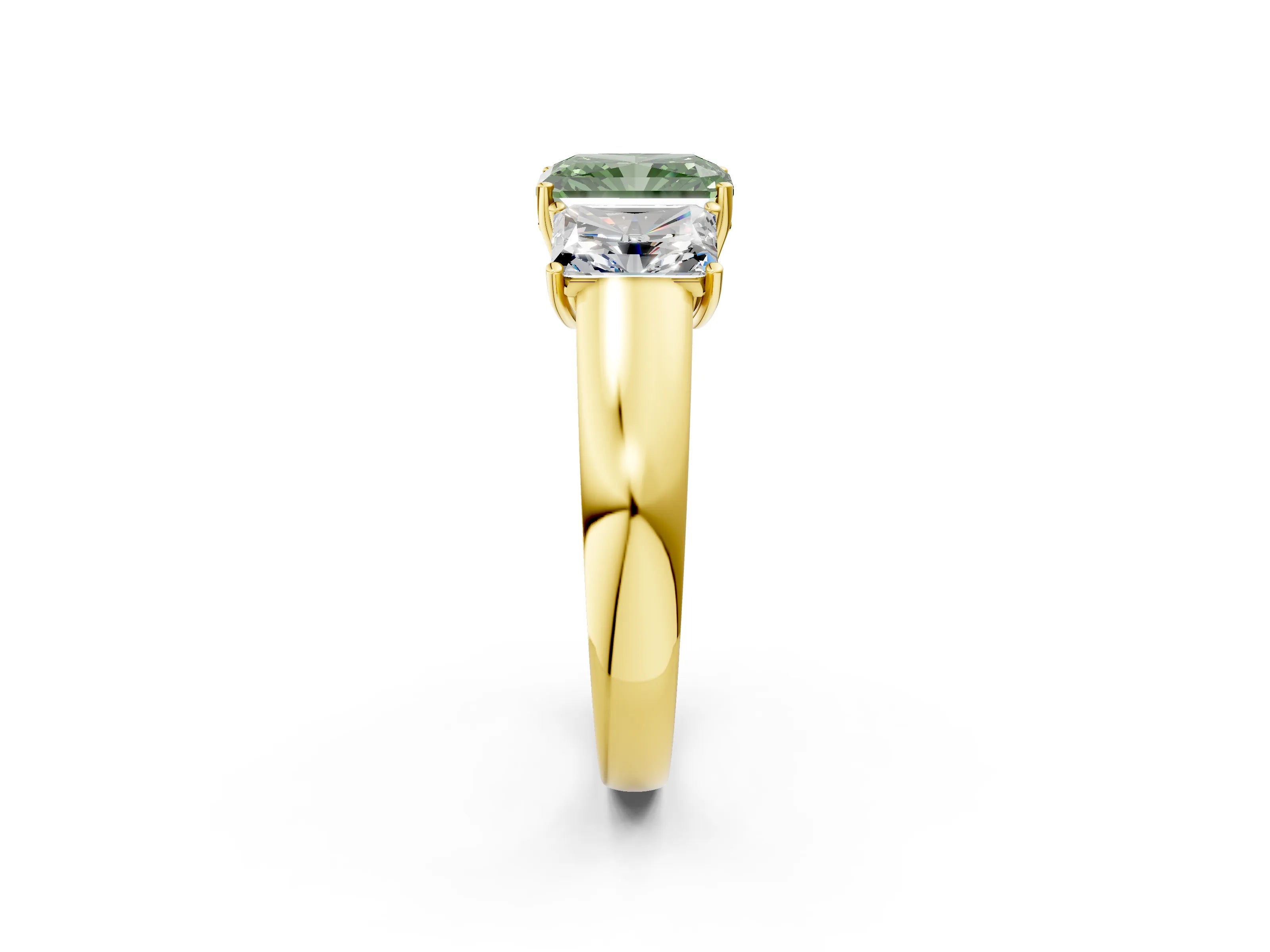 Yellow gold Three-Stone Fancy Green Radiant Cut Cut Diamond Ring with Prong Setting and Classic Band_2