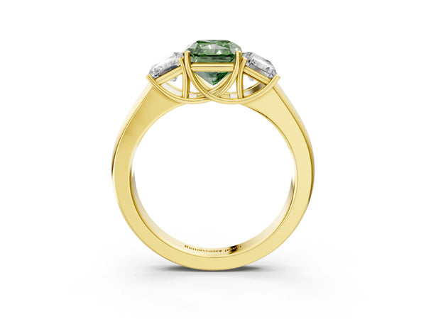 Yellow gold Three-Stone Fancy Green Radiant Cut Cut Diamond Ring with Prong Setting and Classic Band