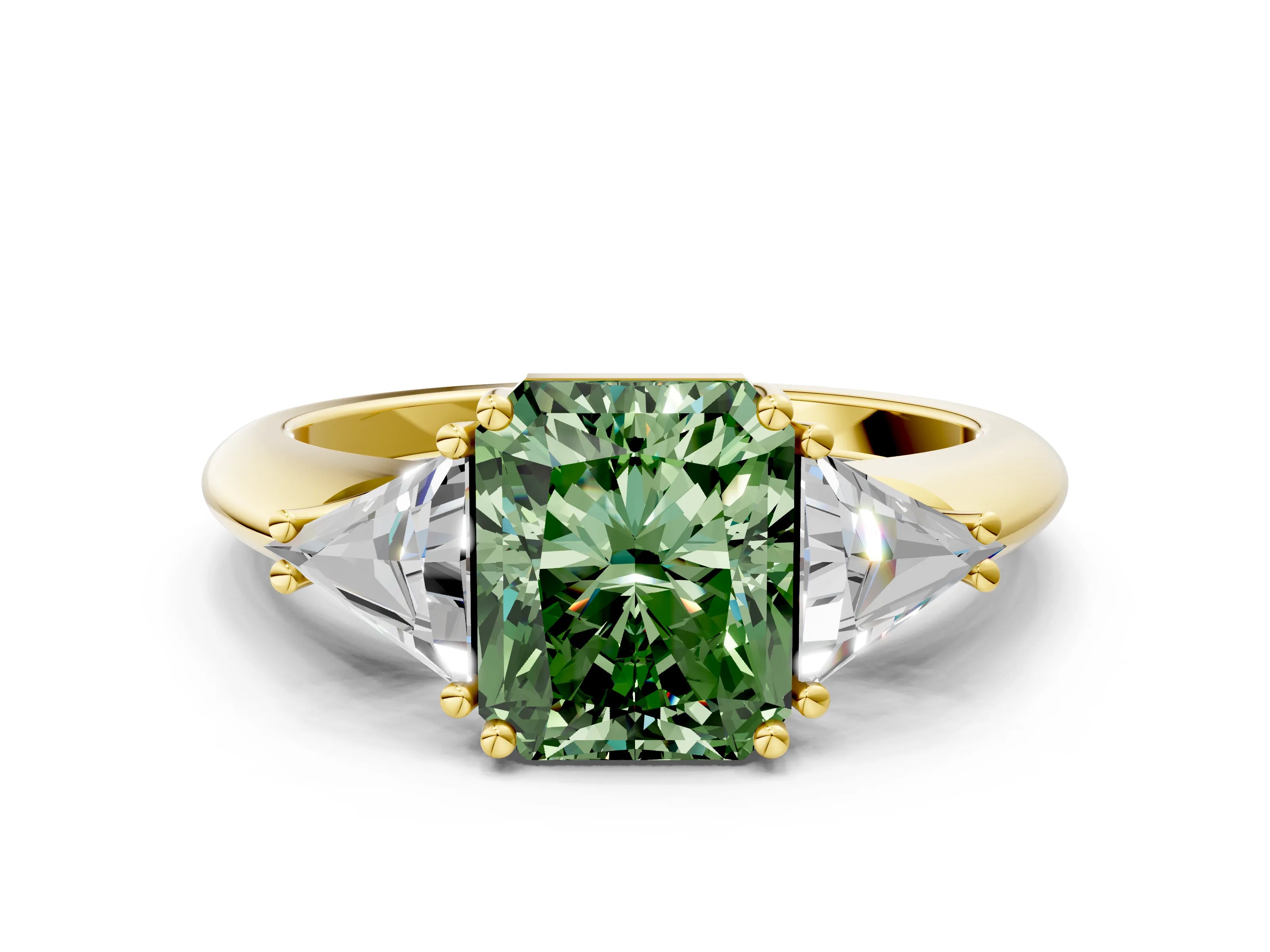 Yellow gold Three-Stone Fancy Green Radiant Cut Cut Diamond Ring with Trillion Side Stones and Four-Prong Setting_3