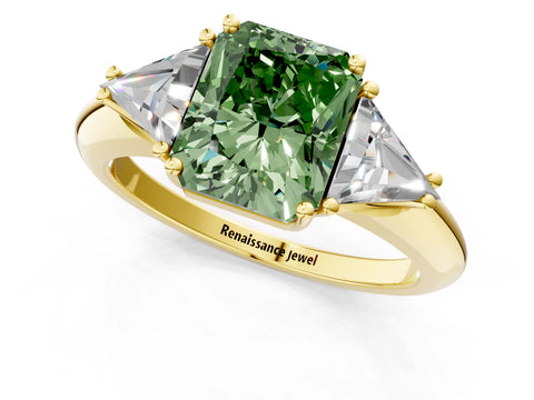 Yellow gold Three-Stone Fancy Green Radiant Cut Cut Diamond Ring with Trillion Side Stones and Four-Prong Setting_4