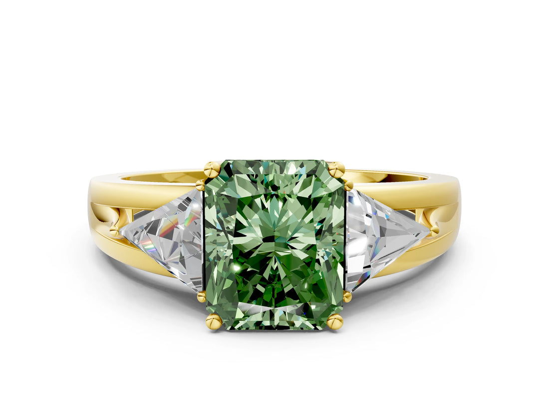 Yellow gold Three-Stone Fancy Green Radiant Cut Cut Diamond Ring with Trillion Side Stones on a Split Shank Band