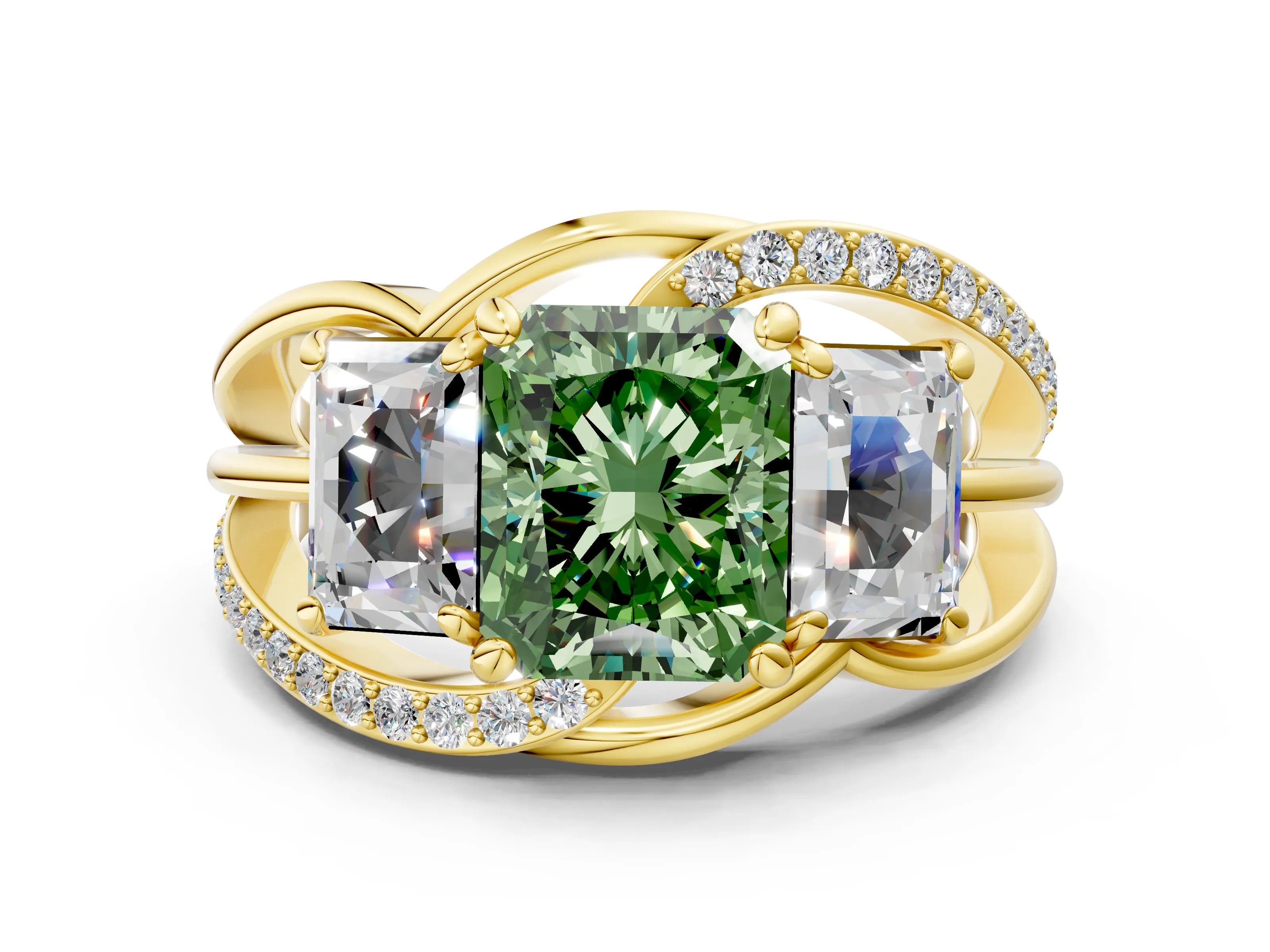 Yellow gold Three-Stone Fancy Green Radiant Cut Cut Diamond Split Shank Prong Set Ring_12