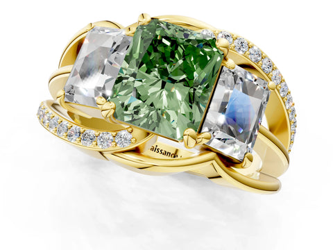 Yellow gold Three-Stone Fancy Green Radiant Cut Cut Diamond Split Shank Prong Set Ring_13