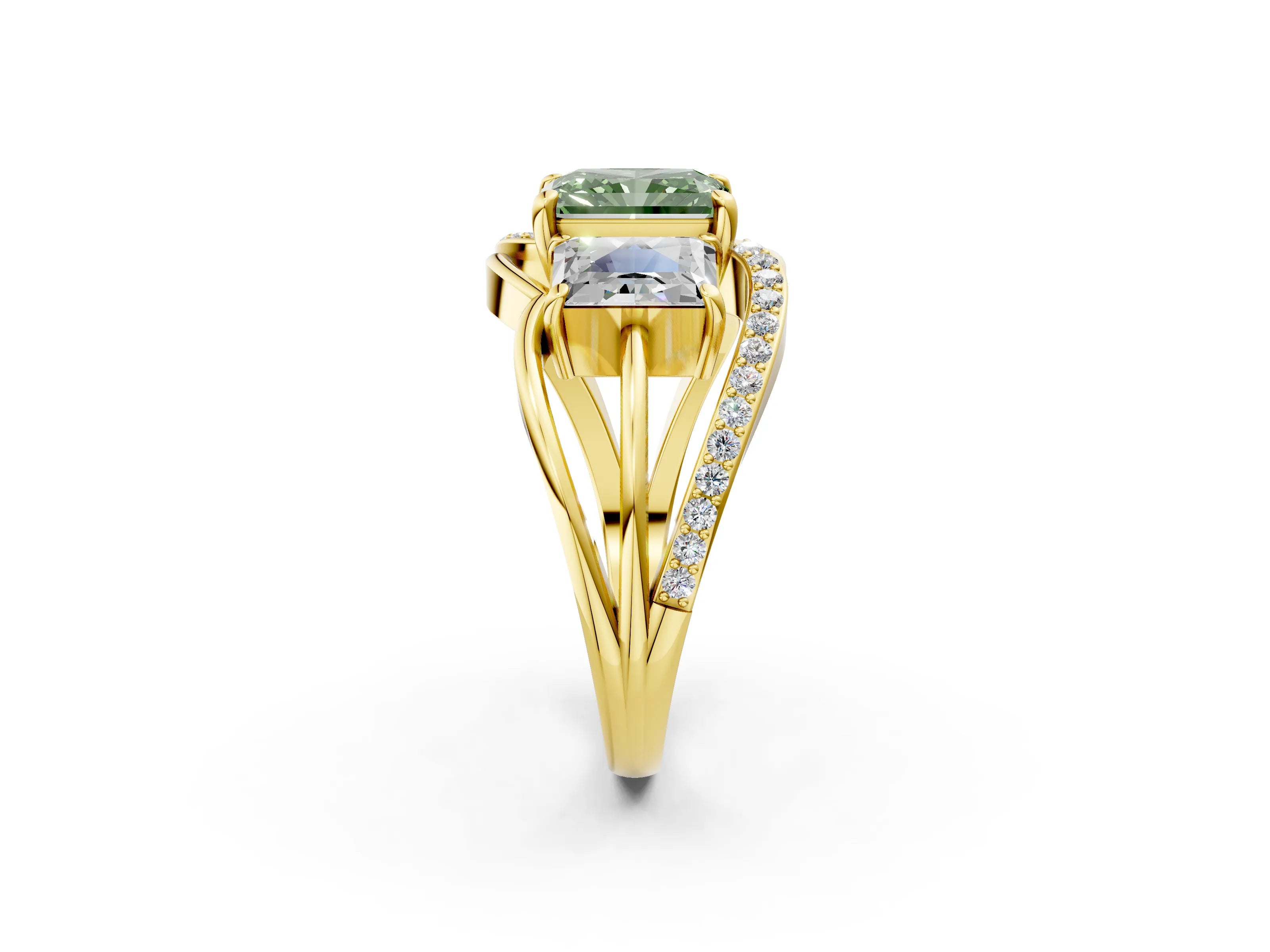 Yellow gold Three-Stone Fancy Green Radiant Cut Cut Diamond Split Shank Prong Set Ring_14