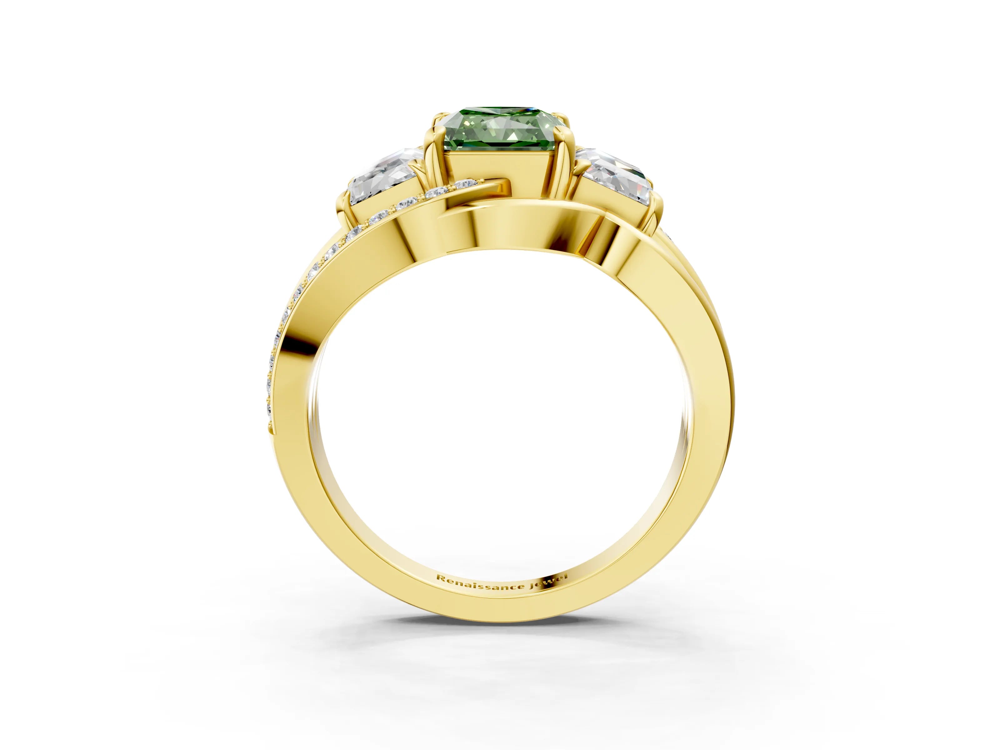 Yellow gold Three-Stone Fancy Green Radiant Cut Cut Diamond Split Shank Prong Set Ring_15