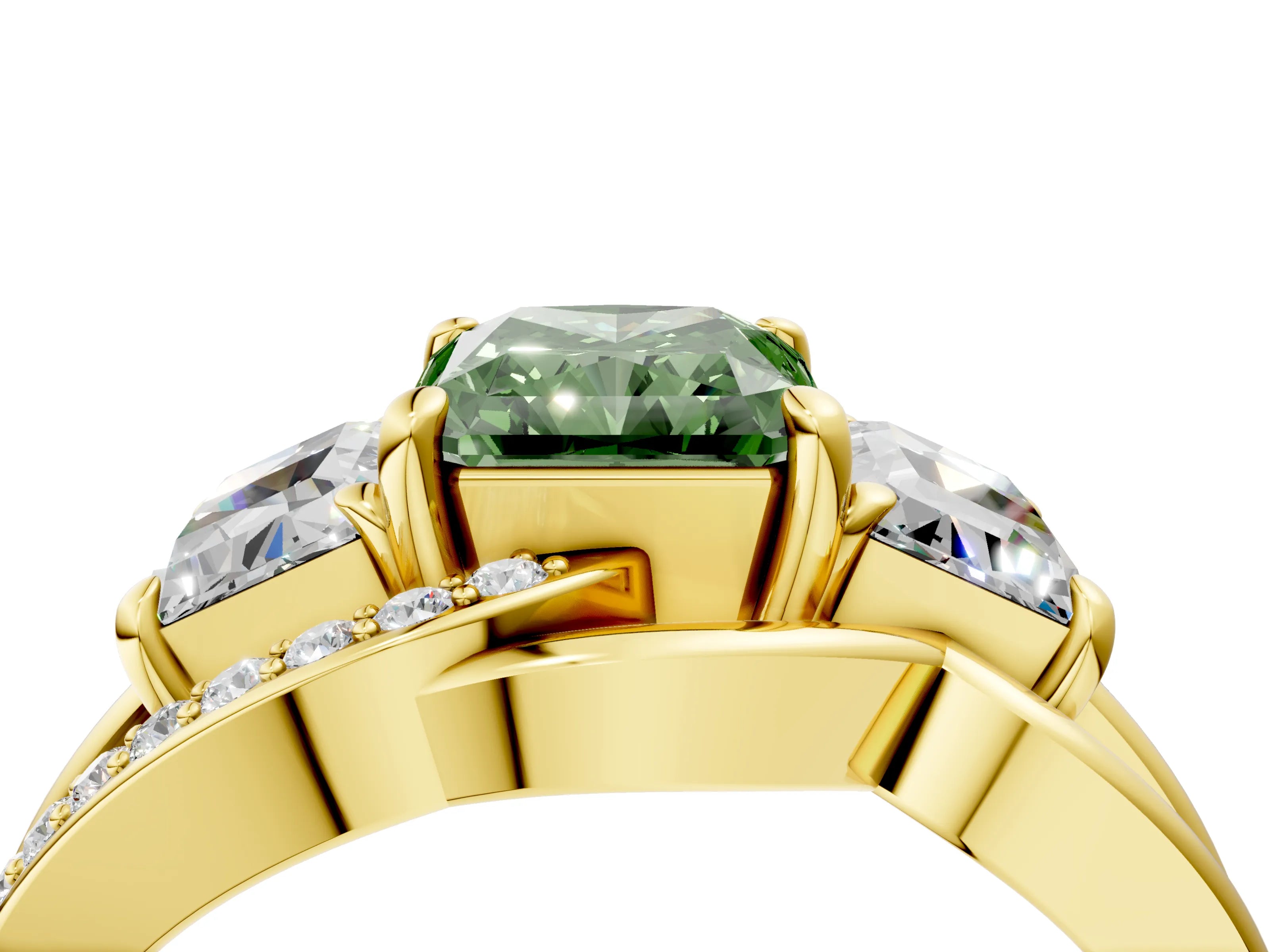 Yellow gold Three-Stone Fancy Green Radiant Cut Cut Diamond Split Shank Prong Set Ring_16