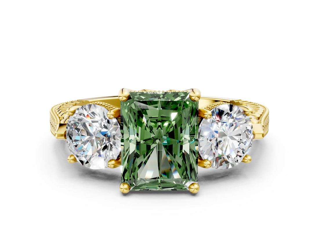 Yellow gold Three-Stone Fancy Green Radiant Cut Cut Milgrain Band Prong Setting Ring_6