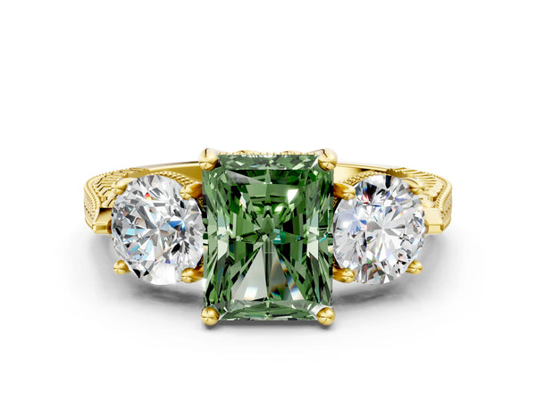 Yellow Gold Radiant Cut Vintage Three Stone Engagement Ring Setting for Fancy Green Center