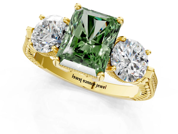 Yellow Gold Radiant Cut Vintage Three Stone Engagement Ring Setting for Fancy Green Center