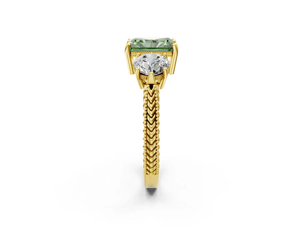 Yellow Gold Radiant Cut Vintage Three Stone Engagement Ring Setting for Fancy Green Center