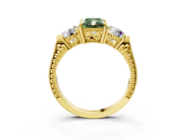 Yellow Gold Radiant Cut Vintage Three Stone Engagement Ring Setting for Fancy Green Center