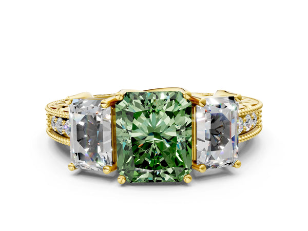 Yellow Gold Radiant Cut Engraved Three Stone Engagement Ring Setting for Fancy Green Center