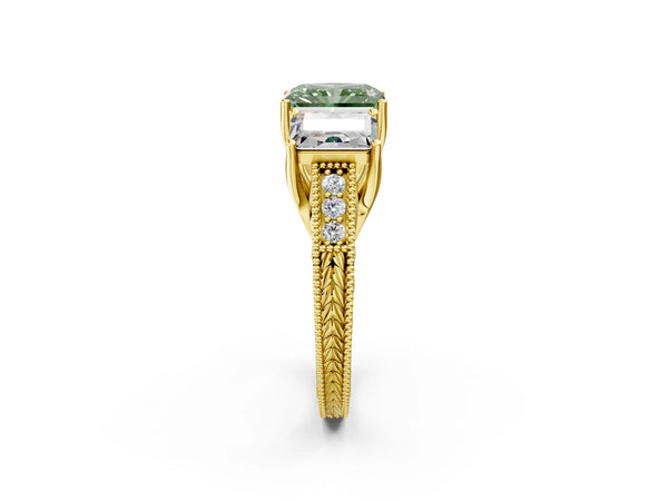 Yellow Gold Radiant Cut Engraved Three Stone Engagement Ring Setting for Fancy Green Center
