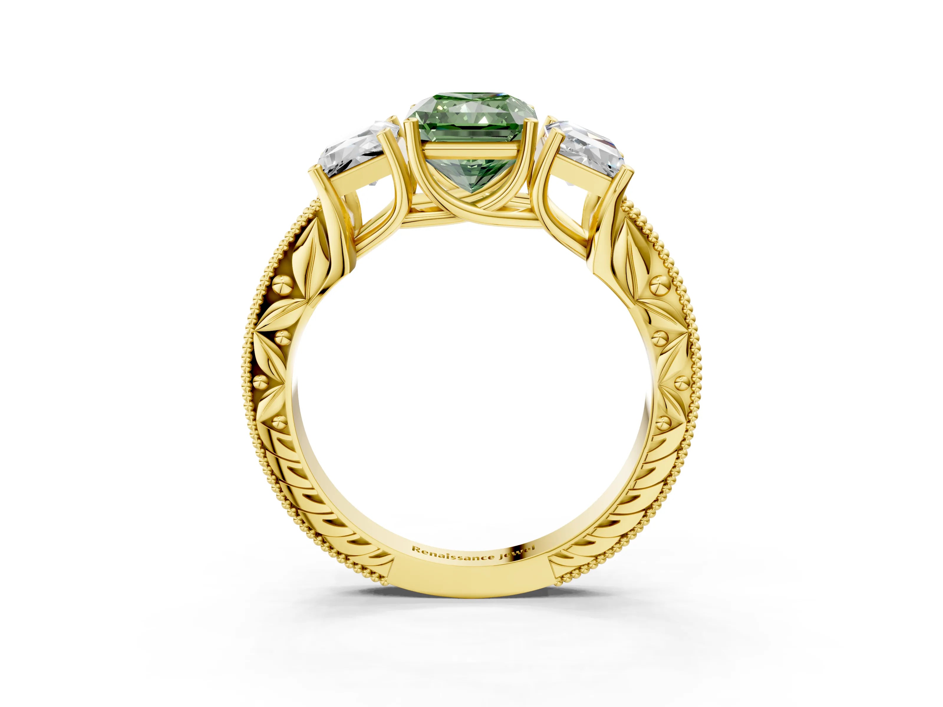 Yellow gold Three-Stone Fancy Green Radiant Cut Cut Milgrain Pavé Engagement Ring_15