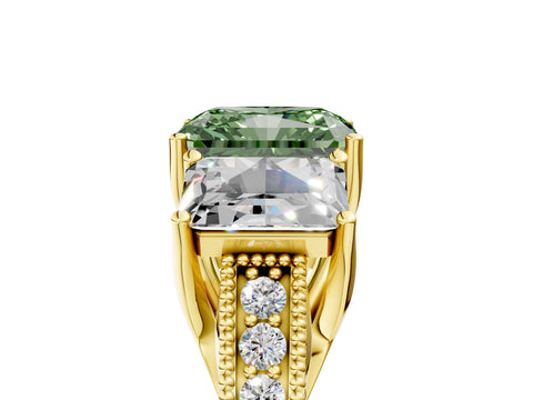 Yellow gold Three-Stone Fancy Green Radiant Cut Cut Milgrain Pavé Engagement Ring_17