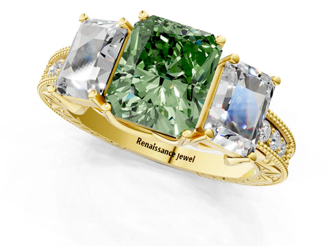 Yellow gold Three-Stone Fancy Green Radiant Cut Cut Milgrain Pavé Engagement Ring_1