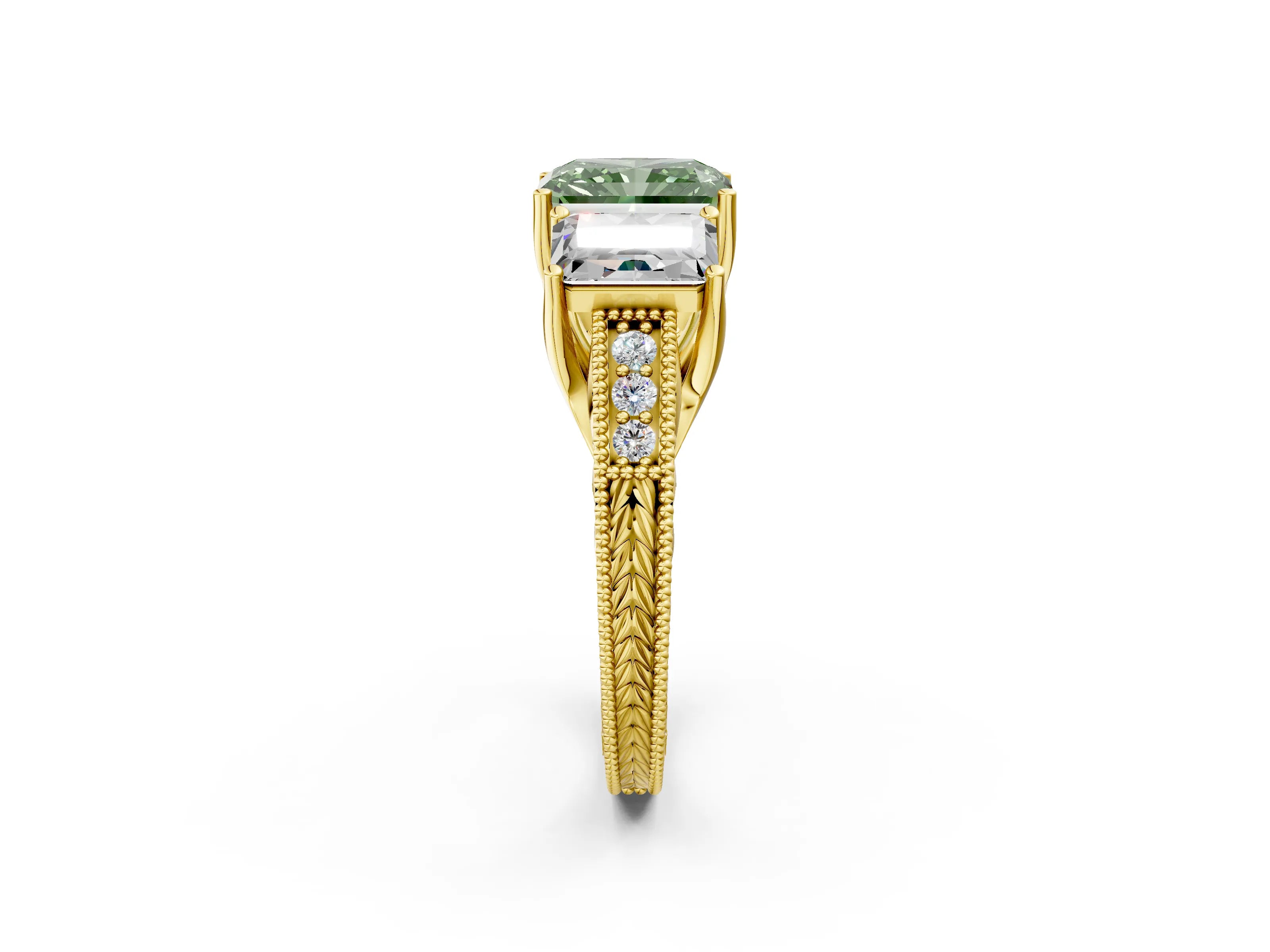 Yellow gold Three-Stone Fancy Green Radiant Cut Cut Milgrain Pavé Engagement Ring_2