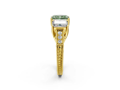 Yellow gold Three-Stone Fancy Green Radiant Cut Cut Milgrain Pavé Engagement Ring_2