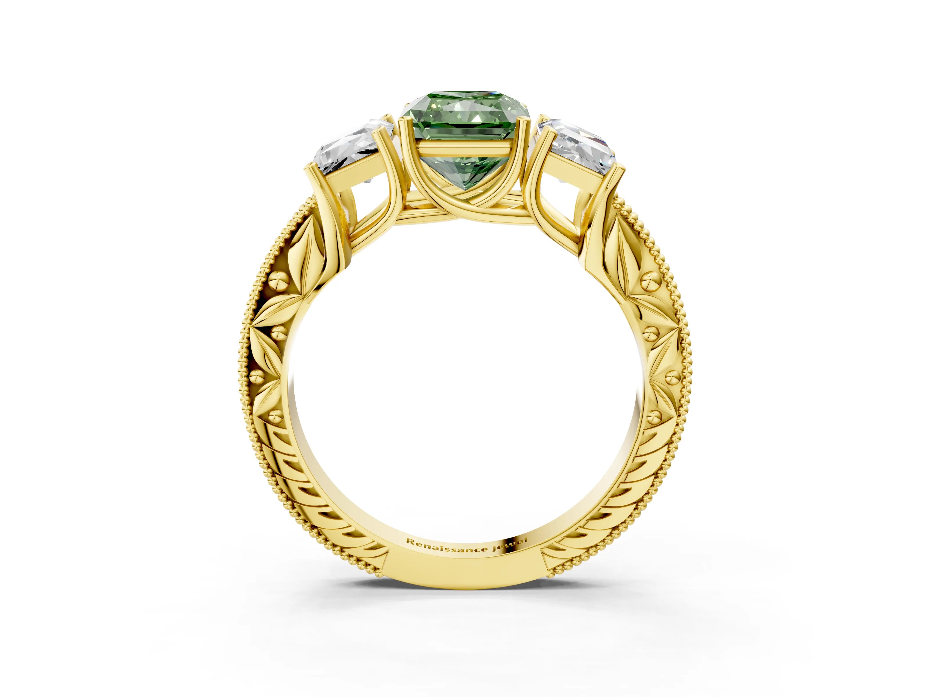 Yellow gold Three-Stone Fancy Green Radiant Cut Cut Milgrain Pavé Engagement Ring_3