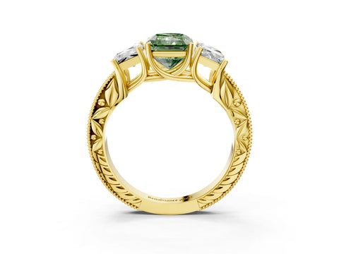 Yellow gold Three-Stone Fancy Green Radiant Cut Cut Milgrain Pavé Engagement Ring_3