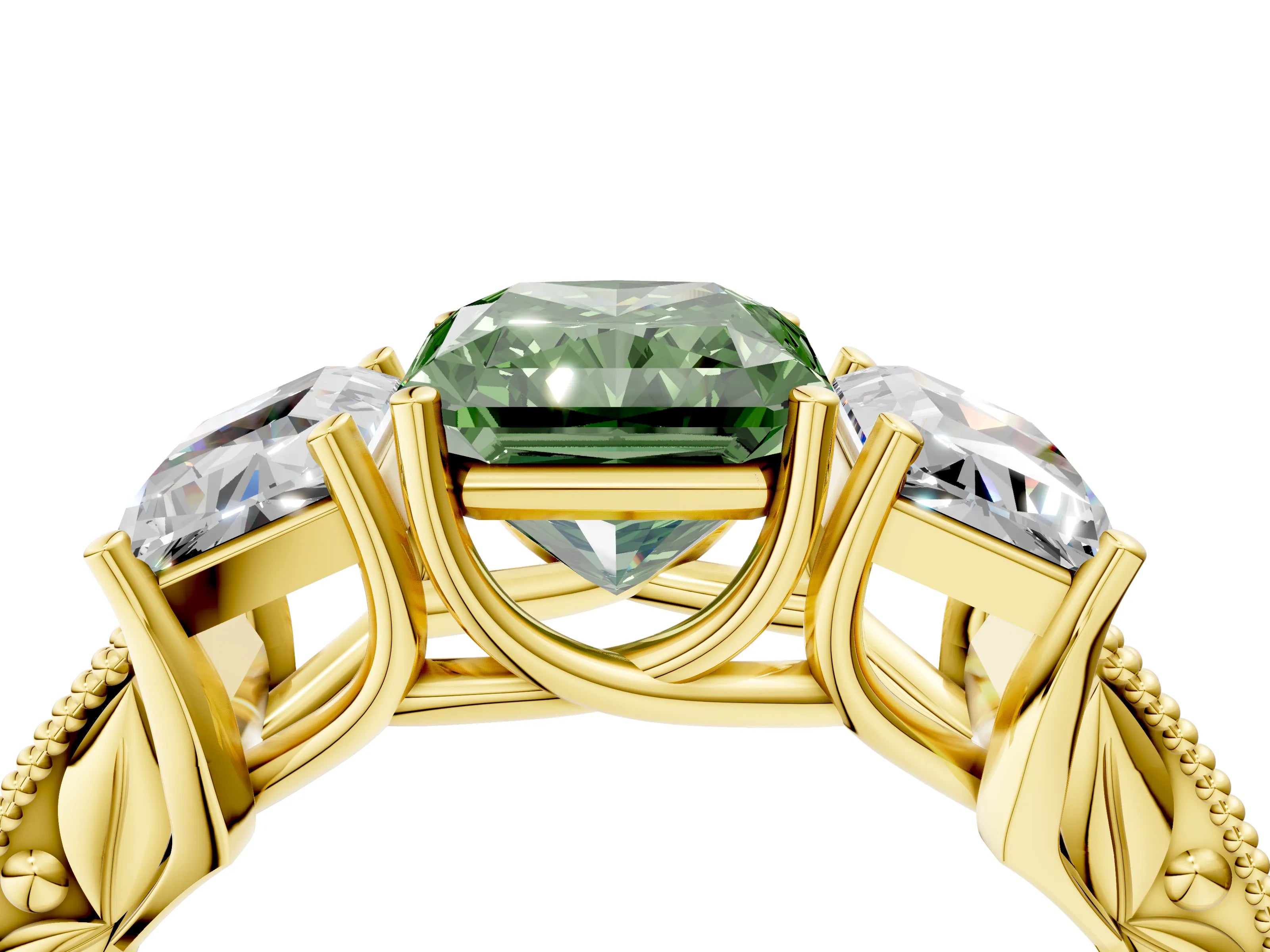 Yellow gold Three-Stone Fancy Green Radiant Cut Cut Milgrain Pavé Engagement Ring_4