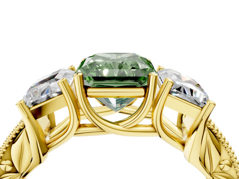 Yellow gold Three-Stone Fancy Green Radiant Cut Cut Milgrain Pavé Engagement Ring_4