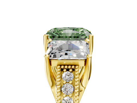 Yellow gold Three-Stone Fancy Green Radiant Cut Cut Milgrain Pavé Engagement Ring_5