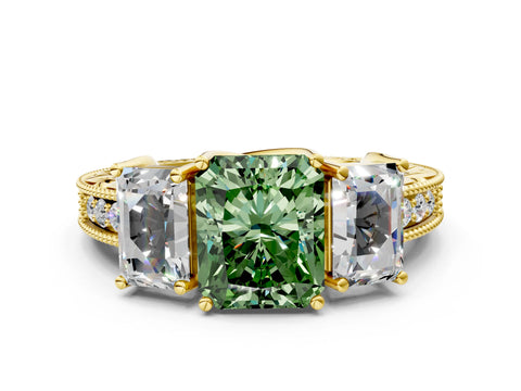 Yellow gold Three-Stone Fancy Green Radiant Cut Cut Milgrain Pavé Engagement Ring