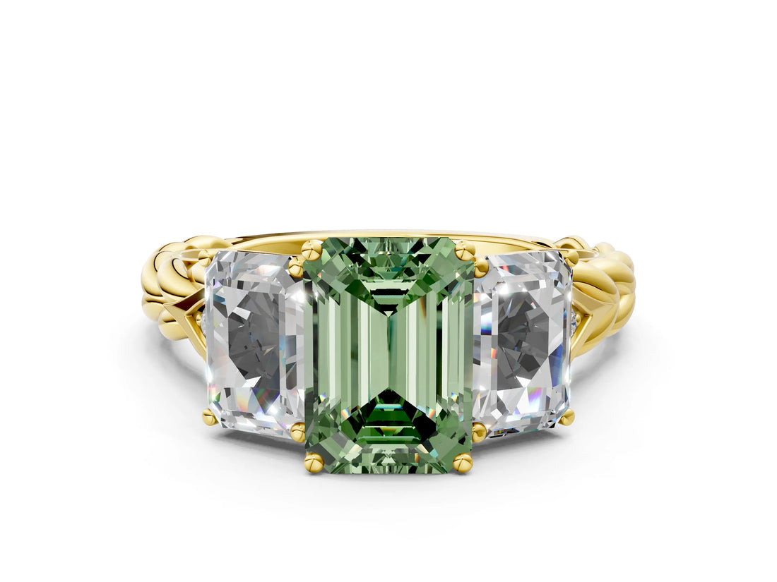 Yellow gold Three-Stone Fancy Green Radiant Cut Diamond Braided Band Ring with Four-Prong Setting_105