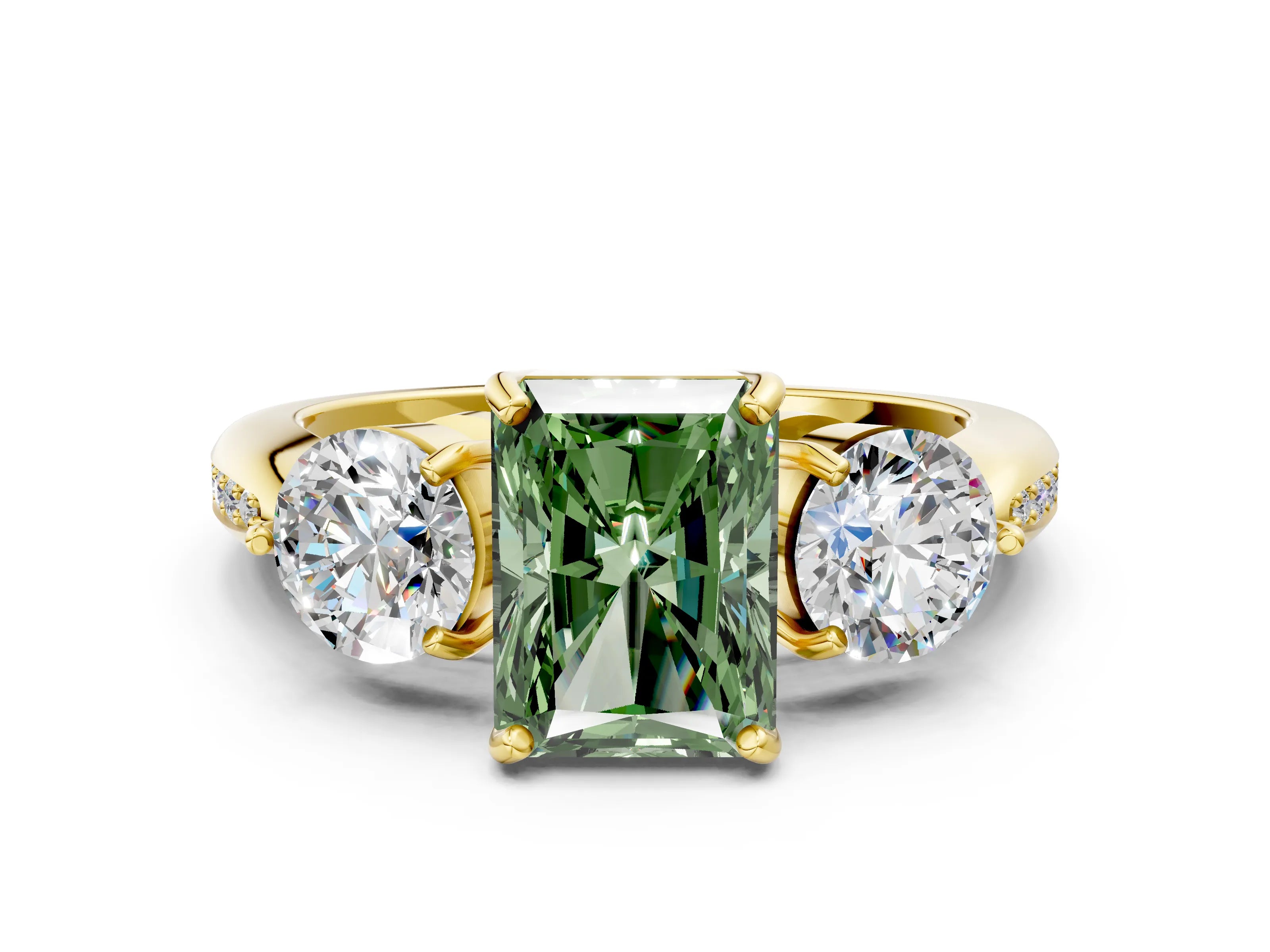 Yellow gold Three-Stone Fancy Green Radiant Cut Diamond Channel Set Engagement Ring with Prong Setting