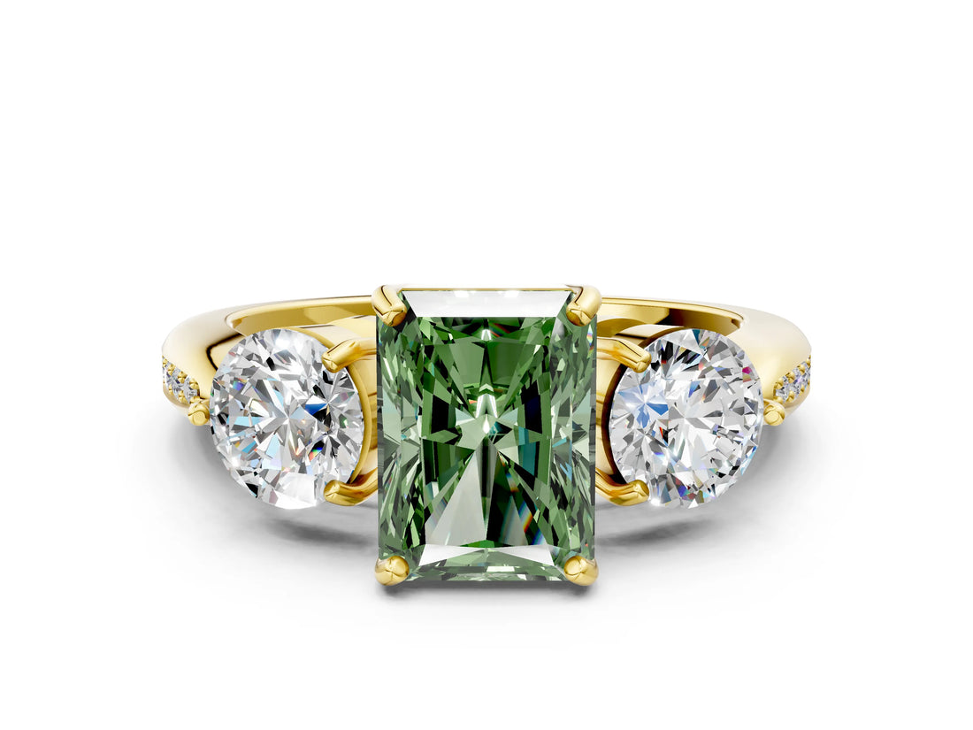 Yellow gold Three-Stone Fancy Green Radiant Cut Diamond Channel Set Engagement Ring with Prong Setting