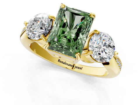 Yellow gold Three-Stone Fancy Green Radiant Cut Diamond Channel Set Engagement Ring with Prong Setting_1