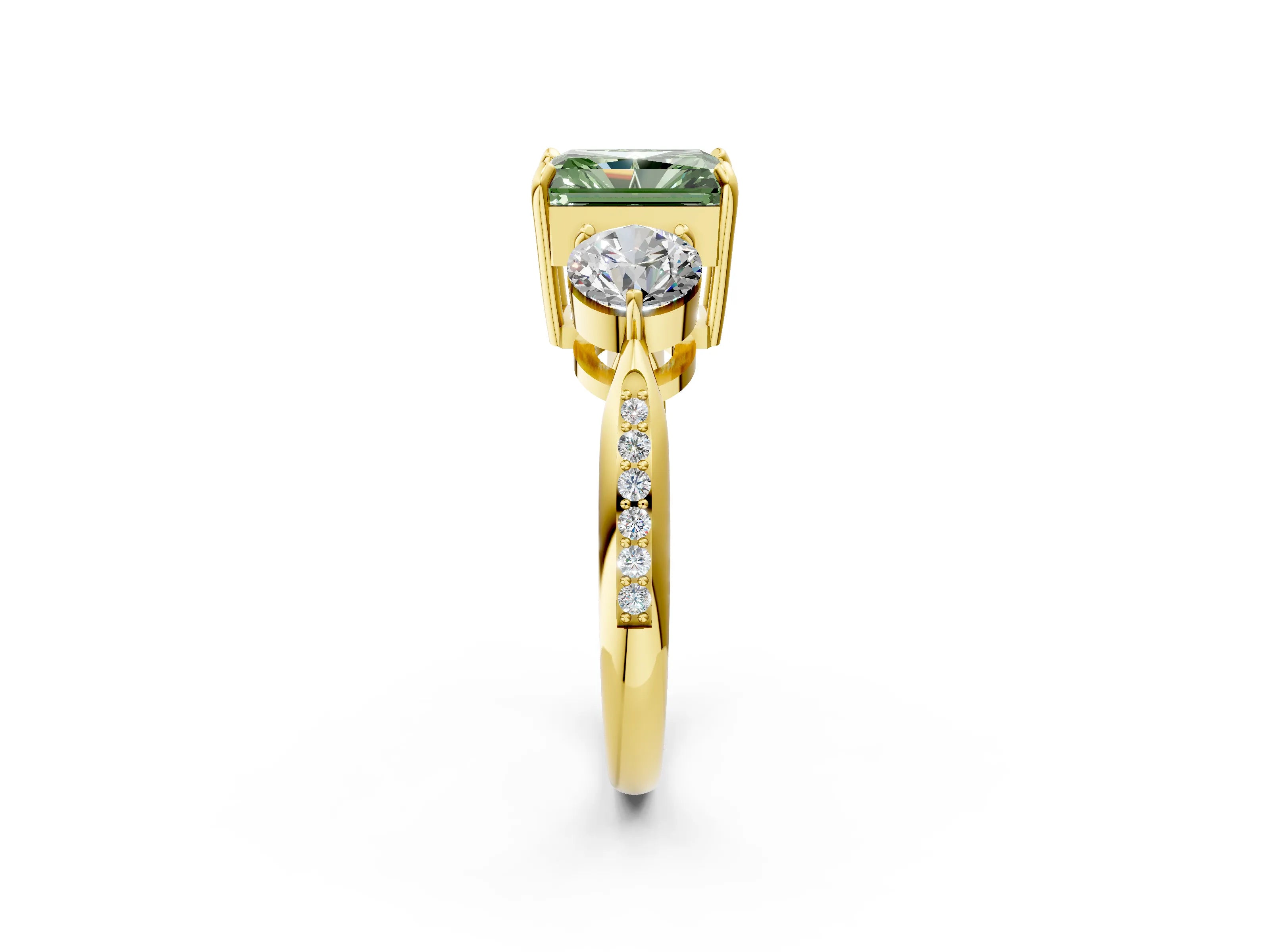 Yellow gold Three-Stone Fancy Green Radiant Cut Diamond Channel Set Engagement Ring with Prong Setting_2