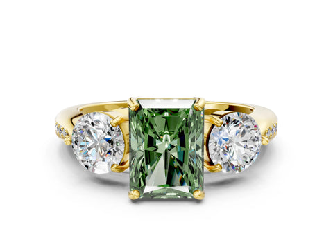 Yellow gold Three-Stone Fancy Green Radiant Cut Diamond Channel Set Engagement Ring with Prong Setting