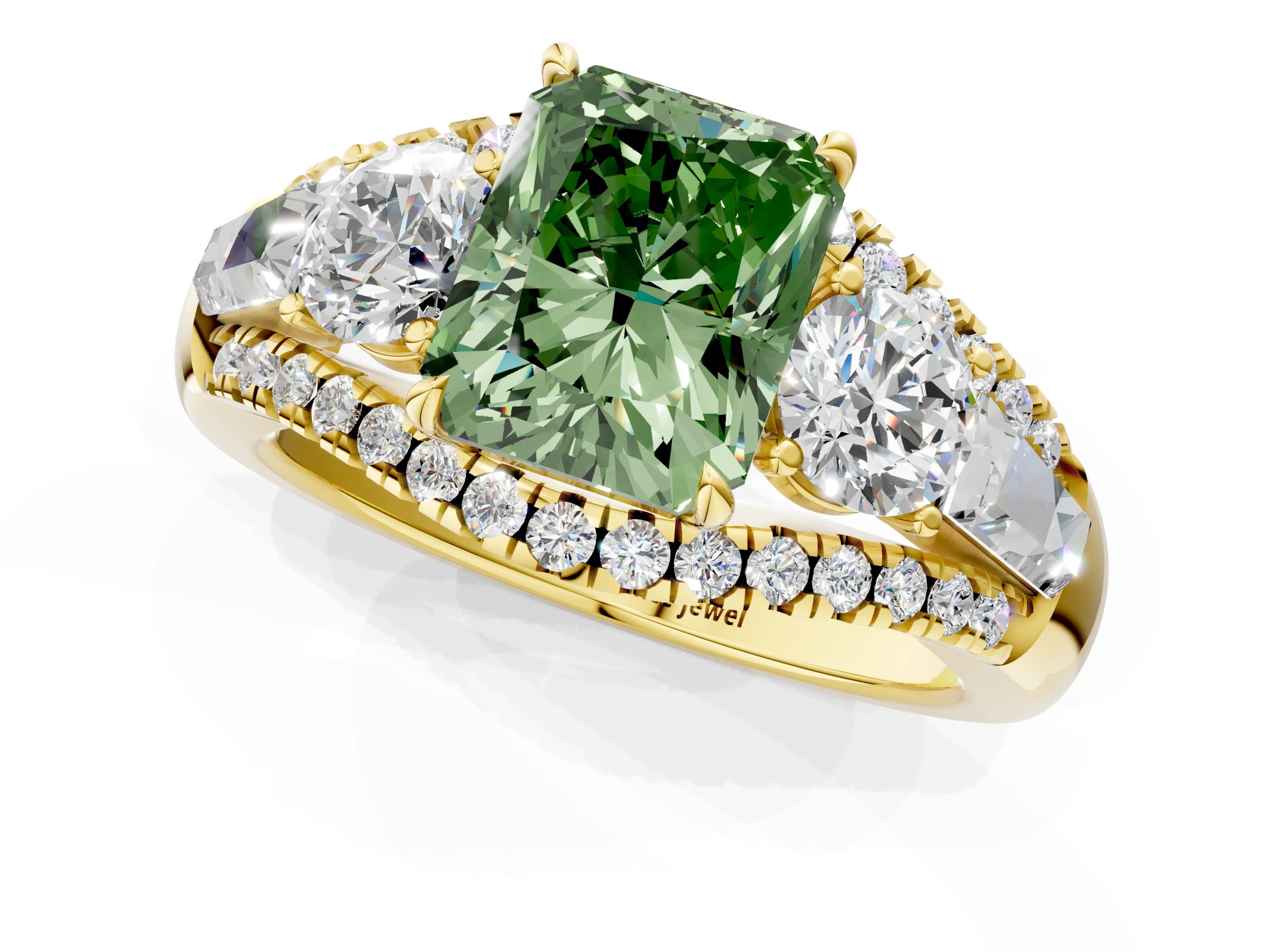 Yellow gold Three-Stone Fancy Green Radiant Cut Diamond Engagement Ring with Pave Band and Prong Setting_1