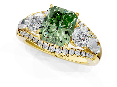 Yellow gold Three-Stone Fancy Green Radiant Cut Diamond Engagement Ring with Pave Band and Prong Setting_1