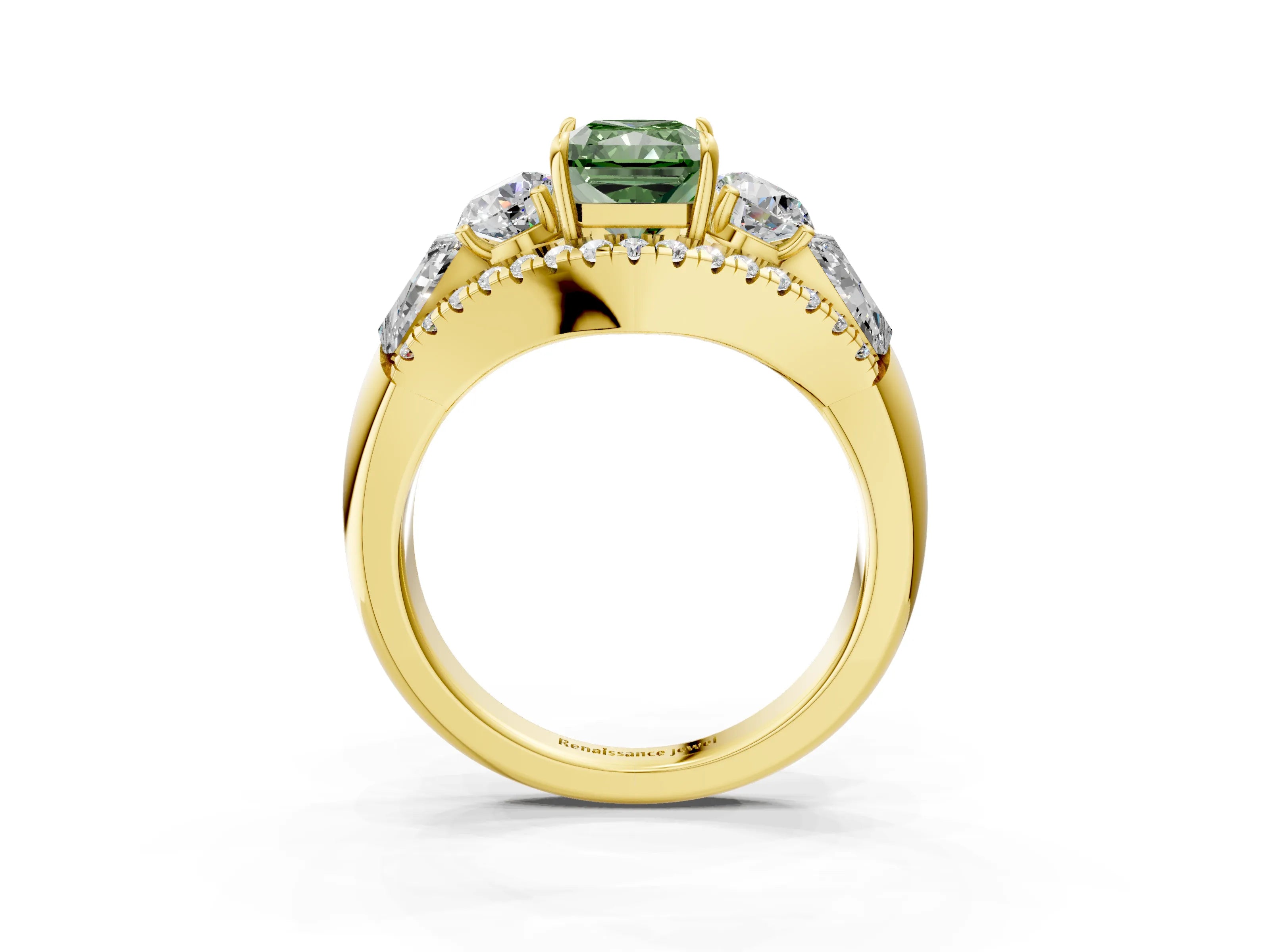 Yellow gold Three-Stone Fancy Green Radiant Cut Diamond Engagement Ring with Pave Band and Prong Setting_3