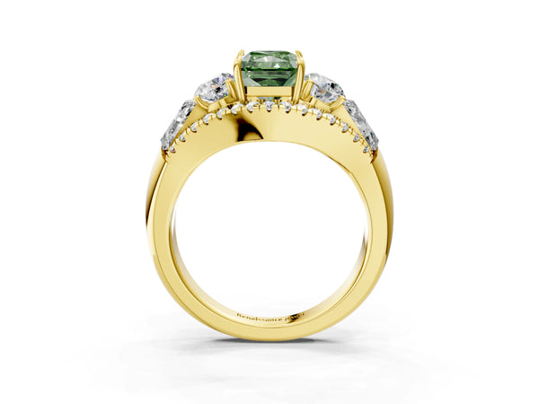 Yellow Gold Radiant Cut Five Stone Baguette Engagement Ring Setting for Fancy Green Center