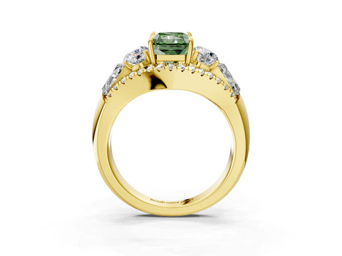 Yellow gold Three-Stone Fancy Green Radiant Cut Diamond Engagement Ring with Pave Band and Prong Setting_3