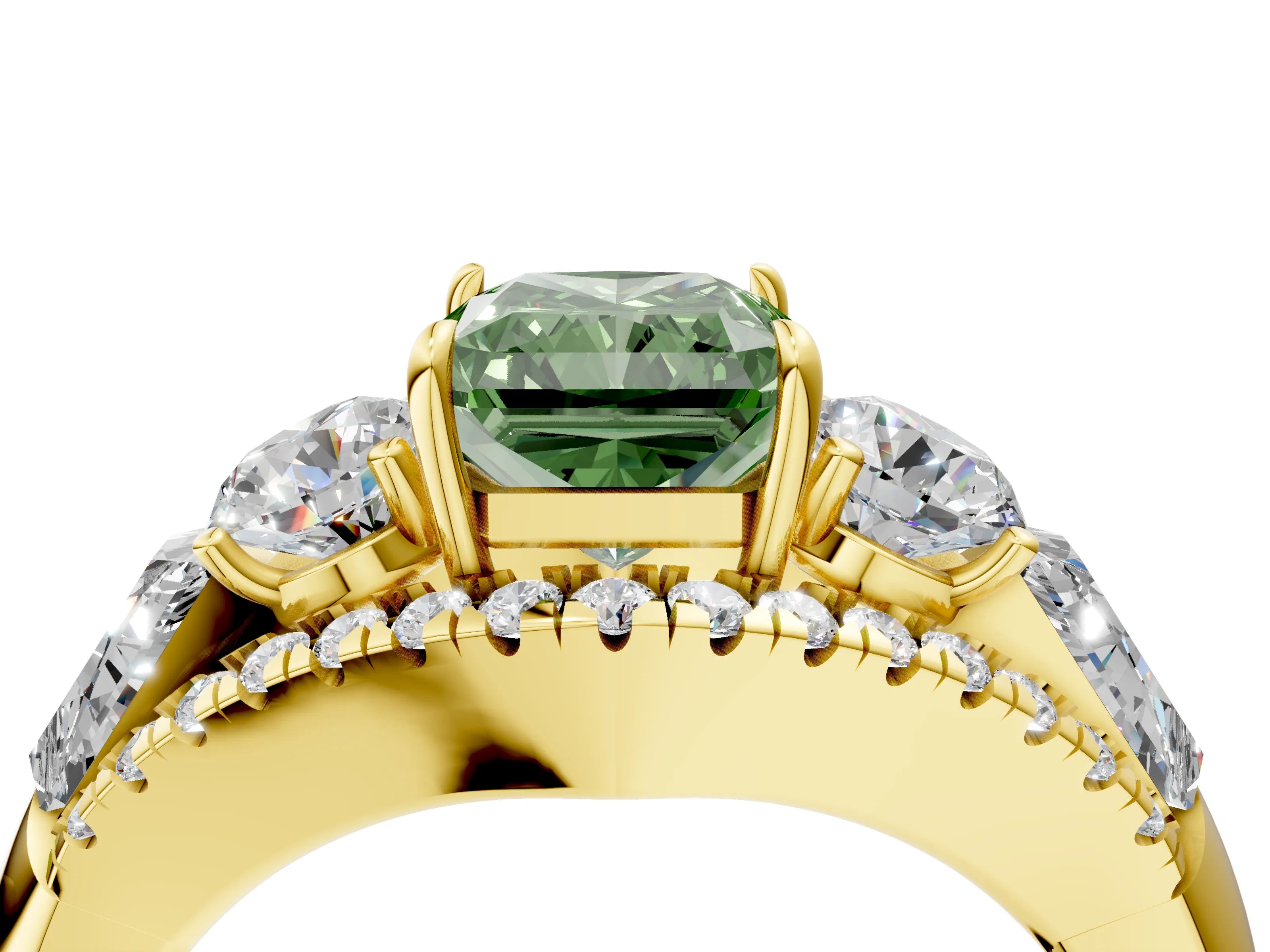 Yellow gold Three-Stone Fancy Green Radiant Cut Diamond Engagement Ring with Pave Band and Prong Setting_4