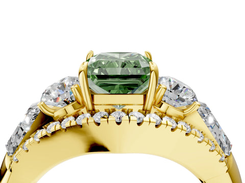 Yellow gold Three-Stone Fancy Green Radiant Cut Diamond Engagement Ring with Pave Band and Prong Setting_4